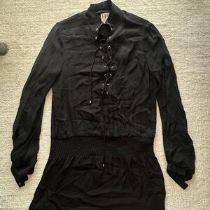 Black Chiffon Lace-Up Long Sleeve Dress